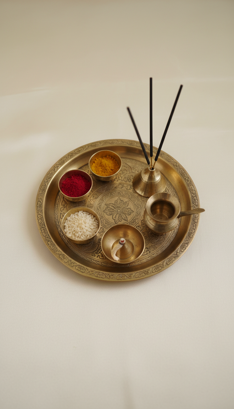 Ornate brass puja thali with ritual items
