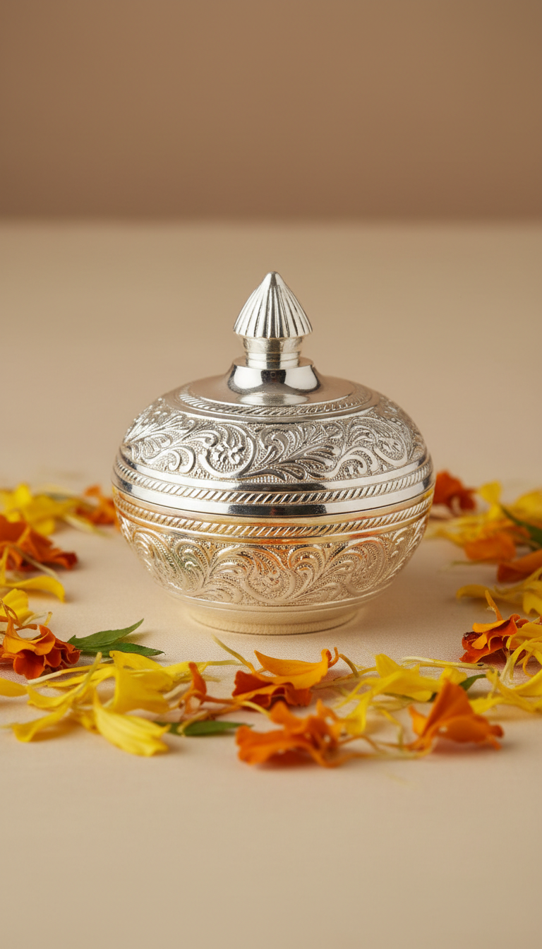 Silver Kumkum Bowl With Carved Lid